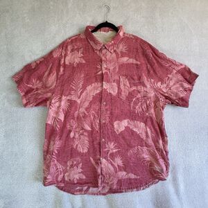 Tommy Bahama Shirt Mens XXL Pink Red Hawaiian Floral 100% Linen Casual Dad Vacay